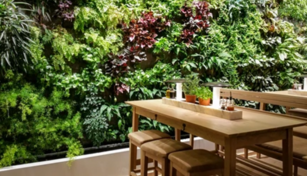 Cafe dengan taman hijau dan meja-meja kayu